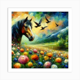 Horse In A Flower Field Art Print