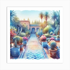 watercolor pastell Jardin Majorelle Morocco Modern Blue Illustration 5 Art Print.. Art Print