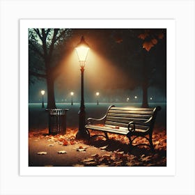 Lonely Park Bench at Dusk Wall Art: A Melancholic Scene with Autumn Leaves and Soft Streetlamp Glow for Reflective Decor Print Art Art Print