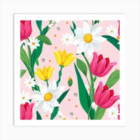 Cartoon Style Digital Painting Of An Isolated Spring Bouquet Featuring Blooming Tulips Roses And D (3) Art Print