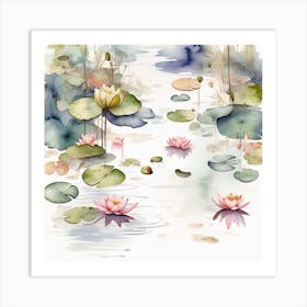 Surface of water with water lilies and maple leaves 5 Art Print