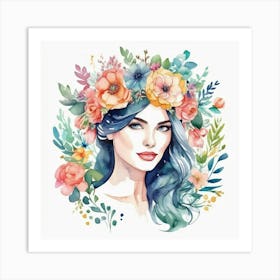 Watercolor Of A Woman With Flowers 1 Art Print