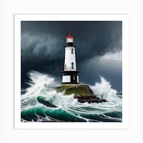 Lighthouse In Stormy Sea Art Print