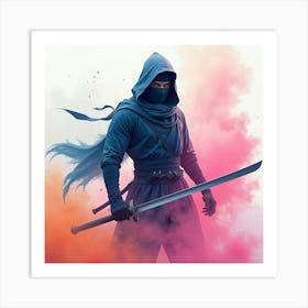 Ninja With A Colorful Watercolor Fog, Dynamic And Vivid 1 Art Print