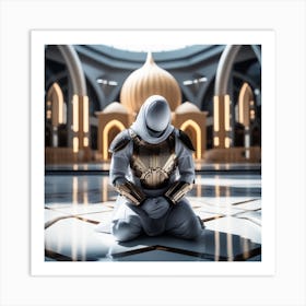 A 3d Dslr Photography Muslim Wearing Futuristic Digital Armor Suit , Praying Towards Masjid Al Haram, House Of God Award Winning Photography From The Year 8045 Qled Quality Designed By Apple(2) Art Print