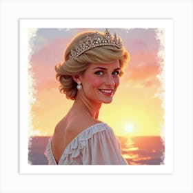 Smiling Princess Diana With A Soft Pastel Watercolor Sunset Behind Her Art Print