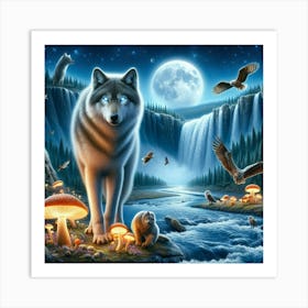 Wolf on the Mushroom Riverbank 3 Art Print
