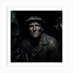 Coal Miner With Soot Covered Face At The Mouth Of A Coal Shaft Night Engulfing The Working Class Co Art Print