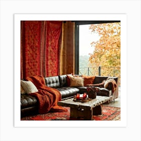 Autumn Living Room Embracing The Essence Of Comfort With A Palette Of Warm Oranges Reds And Golds Art Print