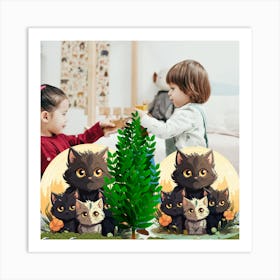 Christmas Tree With Cats - Earthy tons Art Print
