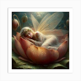 Sweet Dreams, A serene fairy with delicate wings slumbers peacefully in the heart of a blossoming flower, surrounded by an enchanted, dimly lit floral realm. Dewdrops embellish the petals, enhancing the scene's magical essence. classic art Art Print