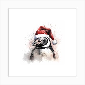 Penguin In A Santa Hat Sketch With Ink Splash Effect Art Print