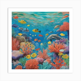 David Hockney Style: A Vibrant Coral Reef Teeming With Marine Life 5 Art Print