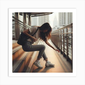 Asian Woman Walking Down Stairs Art Print