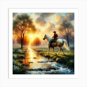 Cowboy Riding Across A Stream 6 Copy Art Print