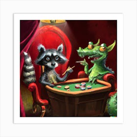 Raccoon and Dragon Playing Poker Art Print