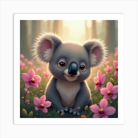 Koala In A Field Of Orchids 1 Art Print