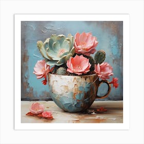 Blooming cactus in a cup 1 Art Print