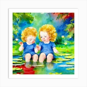 Two Children In A Pond Art Print