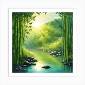 A Stream In A Bamboo Forest At Sun Rise Square Composition 341 Art Print