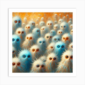 Original: A horde of furry pale blue orange Trialism-Creatures. Art Print