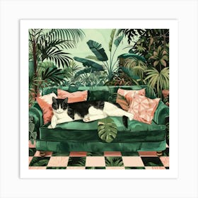 Cat On A Green Couch Art Print