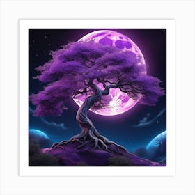 Tree Purple Fire On Moon Art Print