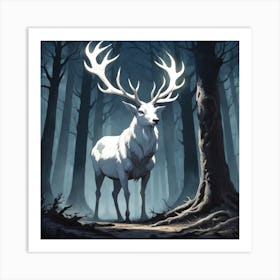 A White Stag In A Fog Forest In Minimalist Style Square Composition 2 Art Print