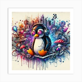 Penguin With Headphones 7 Art Print