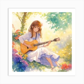 Beautiful Woman Playing Guitar In The Garde 1 (1) Art Print