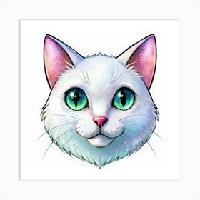 White Cat With Green Eyes Digital Painting Art Print