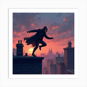 Stealthy Assassin Leaping Across Rooftops At Twilight, Watercolor Tones 1 Art Print