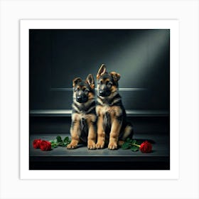 German Shepherd Puppies With Roses Poster