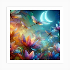 Dragonflies And Flowers Art Print