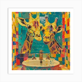 Giraffes In Bathroom 2 Art Print