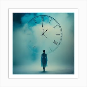 Woman Standing In Front Of A Clock Art Print