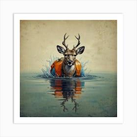 Deer In The Water 2 Art Print