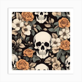 Skulls And Old House Pattern Flowers Vintage Sti Upscaled (1) Art Print