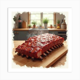 Watercolor Art Of A Tender And Juicy Bbq Ribs On A Cozy Kitchen Table Art Print