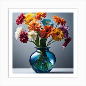 Colorful Flowers In A Blue Vase 1 Art Print