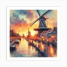 Sketching Amsterdam S Windmills At Sunset, Capturing The Essence Of Dutch Life Style Windmill Sunset Impressionism (2) Art Print