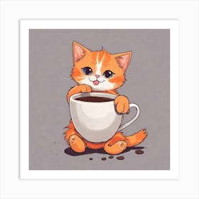 Cute Orange Kitten Loves Coffee Square Composition 22 Art Print