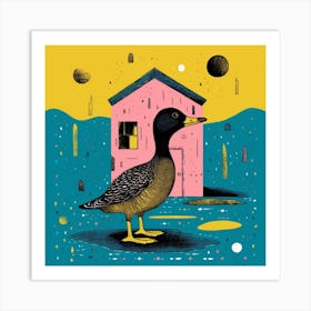 Duckling Outside A House Linocut Style 3 Art Print