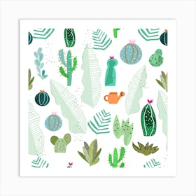 Cactus And Flowers Tropical Pattern Square Art Print