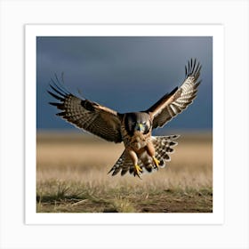 Falcon Mid Snatch Of Sparrow Intense Gaze Locked Talons Grasping Against A Stormy Sky Backdrop F(1) Art Print