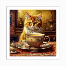 Cat With Tea Art Print