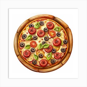 Pizza With Tomatoes, Olives, And Basil Art Print