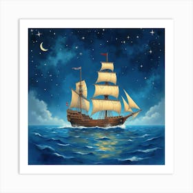 Mystical Ship Sailing Through Watercolor Starry Night 1 Art Print