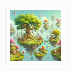 A whimsical illustration of a floating island with a large tree, and small houses. Art Print