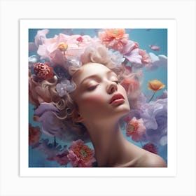 Girl With Flowers On Her Head Art Print